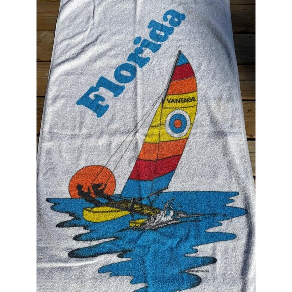90s vintage Florida sailboat graphic retro travel souvenir cotton beach towel - Picture 4 of 5